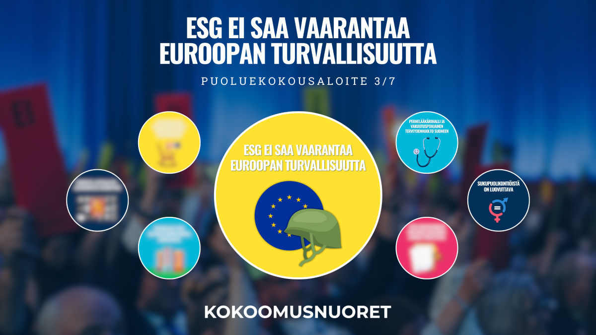 Kokoomusnuorten puoluekokousaloite: ESG ei saa vaarantaa Euroopan turvallisuutta