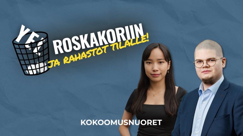 Sinisellä taustalla graafinen kuva roskakorista, johon putoaa teksti, jossa lukee 