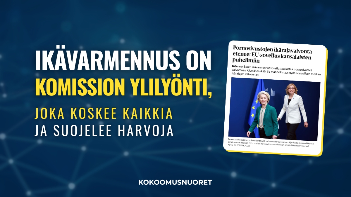 Vaakatasoinen some-kuva, jonka tausta on tummansininen verkkomaista kuviointia muistuttavalla graafisella tekstuurilla. Kuvan vasemmalla puolella on suuri, lihavoitu teksti kahdessa värissä: valkoisella ja keltaisella 