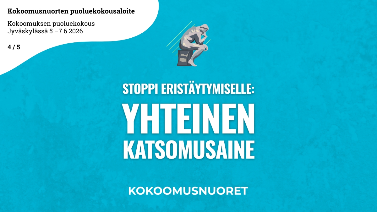 Kuvituskuva turkoosilla taustalla. Kuvan vasemmassa yläkulmassa on valkoinen puhekuplaa muistuttava alue, jossa lukee 