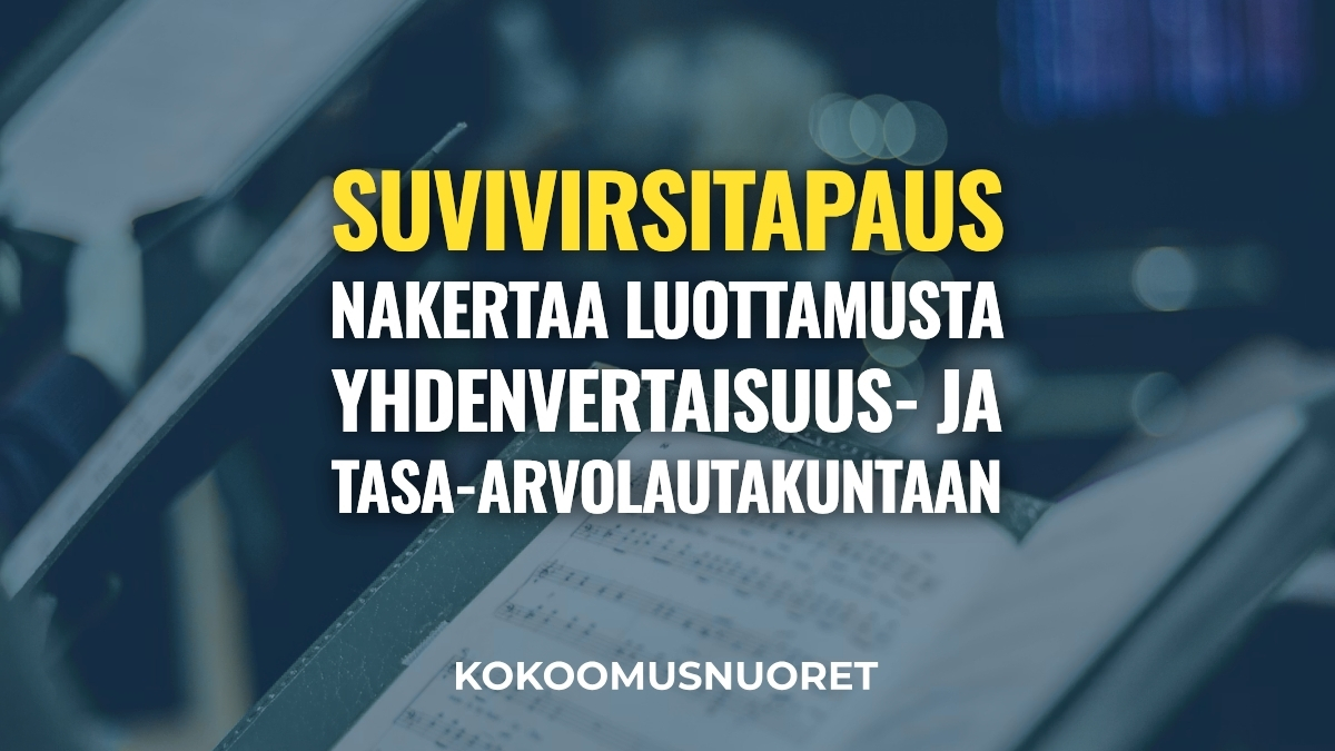 Claude responded: Kuvituskuva, jonka taustalla on tummansinisellä värikalvolla peitetty valokuva nuottitelineestä ja nuoteista.Kuvituskuva, jonka taustalla on tummansinisellä värikalvolla peitetty valokuva nuottitelineestä ja nuoteista. Kuvan keskellä on lihavoitu teksti 