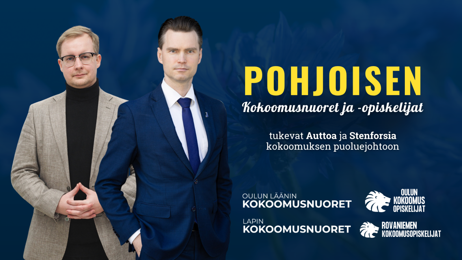 Kuvituskuva tummansinisellä taustalla. Kuvan vasemmalla puolella seisoo kaksi miestä: vasemmalla Sebastian Stenfors beigessä bleiserissä, mustassa poolokauluksessa ja silmälasit päässä, oikealla kansanedustaja Heikki Autto tummansinisissä puvussa sinisellä solmiolla. Kuvan oikealla puolella on teksti 