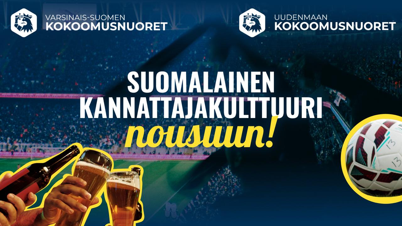 Kuvituskuva, jonka taustalla on tummennettu valokuva täydestä jalkapallostadionista. Kuvan vasemmassa alakulmassa on leikattu kuva oluttuopeista ja -pulloista yhteen kilahtamassa, oikeassa alakulmassa jalkapallo keltaisessa kehyksessä. Kuvan keskellä on lihavoitu teksti 